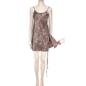 LA VIE EN ROSE‎ Cheetah Leopard Print Side Slit Satin Slip Night Mini Dress Sz L